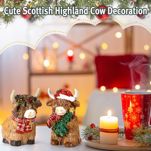 2 Pack Christmas Highland Cow Figurines Decor, Resin Table Decor - Burbell