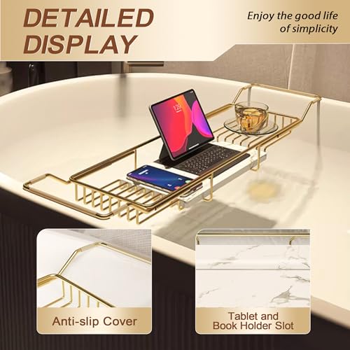 Gold Bathtub Tray with Marble Base - Adjustable Rustproof Bath Caddy for Spa & Relaxation