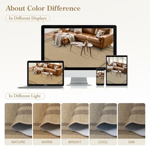 Outdoor 5x7 Scalloped Washable Rug - Tan Border, Non-Slip Indoor/Outdoor Mat