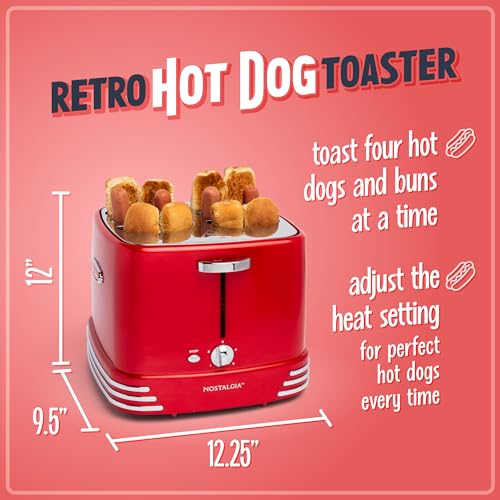 Metallic Red 4 Slot Hot Dog Toaster with Tongs & Adjustable Settings