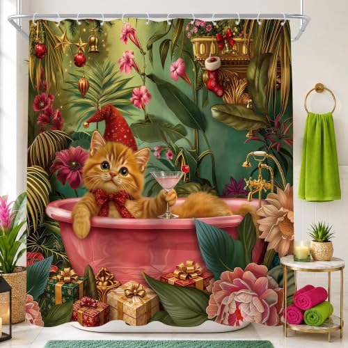 Cinbloo Christmas Cat Shower Curtain Set 72x72 inches Red & Green, Holiday Bathroom Decor