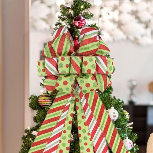HOHOTIME Christmas Tree Topper Bow Large Green Bow Tree Topper, Polyester with Red and Green Dots and Stripes for Xmas Home Wedding Thanksgiving Indoor Outdoor Decoration 52 "x13.7