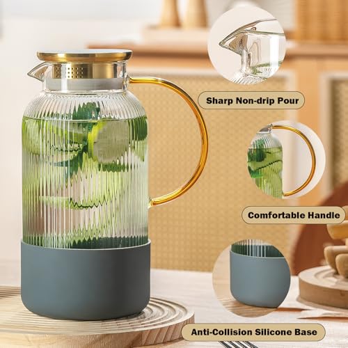 Buaic 2 Pack Glass Pitcher with Lid, 68 oz Clear Borosilicate Serving Carafe with Silicone Base