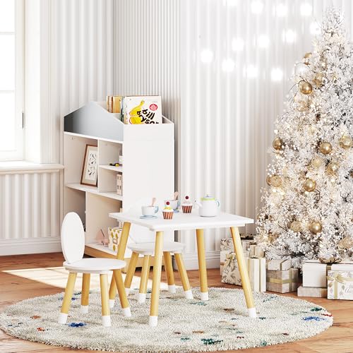 UTEX Wooden Toddler Table and Chair Set - Square-Back Design, White, Easy Assembly