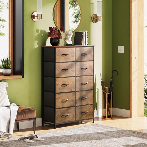 WLIVE Tall Dresser for Bedroom Rustic Brown Wood Grain Finish, 10 Drawers