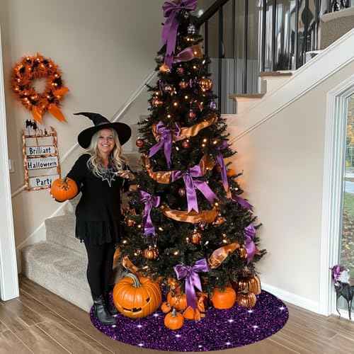 Purple Christmas Tree Skirt Large Tree Skirts 46 Inch Sparkly Velvet Tree Skirt Sequins Christmas Tree Stand Cover Royal Purple Tree Skirt Halloween Tree Skirts for Fall Christmas Tree Decor