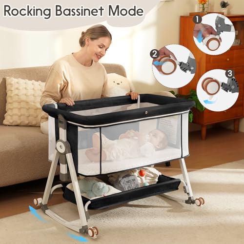KOLOIO 3-in-1 Baby Bedside Bassinet with Storage Basket - Black