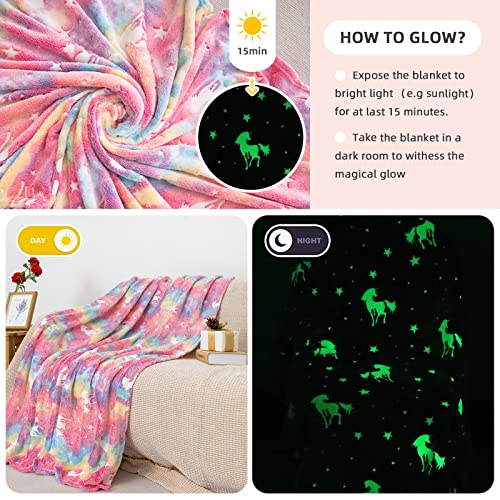 GOSALISU Glow in The Dark Blanket Unicorns, 50 x60 inch Luminous Blanket for 3 4 5 6 7 8 9 10 Year Old Girl Boy Gifts, Flannel Kids Throw Blankets for Christmas Birthday
