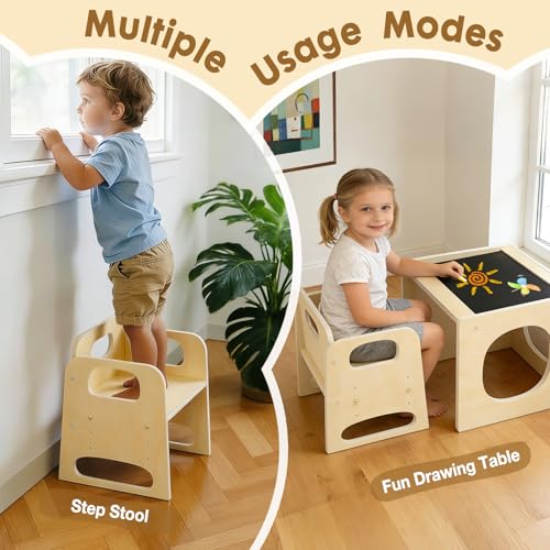 Natural Montessori Toddler Table and Chair Set with Adjustable Height - Baby Proofed Kids Learning & Eating Furniture