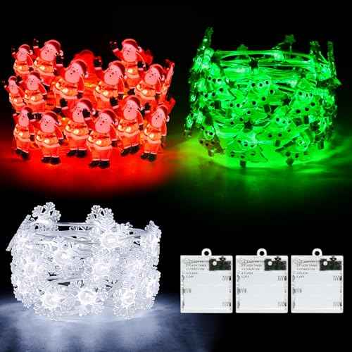 Christmas String Lights, Christmas Tree Santa Claus Snowflake Lights with Timer Twinkling Indoor Battery Operated 9.8ft 30LED Christmas Decorations for Home Decor Indoor Party Holiday 3 Packs