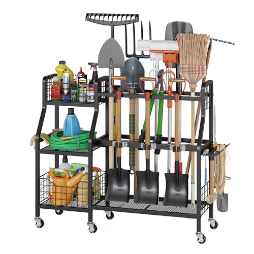 Heavy-Duty Garden Tool Organizer with 6 Wheels & 2 Baskets