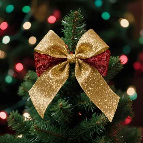 Gold Ribbon for Christmas Tree Glitter Gold Ribbon Garland Golden Christmas Ribbons Wired 1 1/2 Inch 10 Yards Thick Wired Golden Ribbons for Tree Gift Wrapping Party Decorations