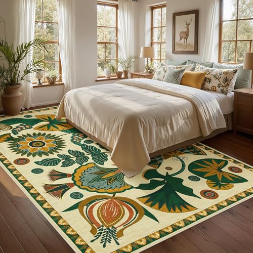 8x10 Beige Floral Area Rug for Living Room & Bedroom - Washable Non-Slip