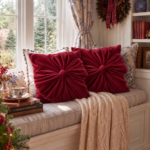 Leinuosen Red Christmas Velvet Pillow Cover with Bow - 18x18 Inches