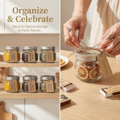 Peokuaey 8oz Mason Jars with Airtight Silver Lids - 30 Pack Small Glass Jars Set with Labels, Twine & Mesh Bags - Wide Mouth Canning Jars for Favors & Crafts