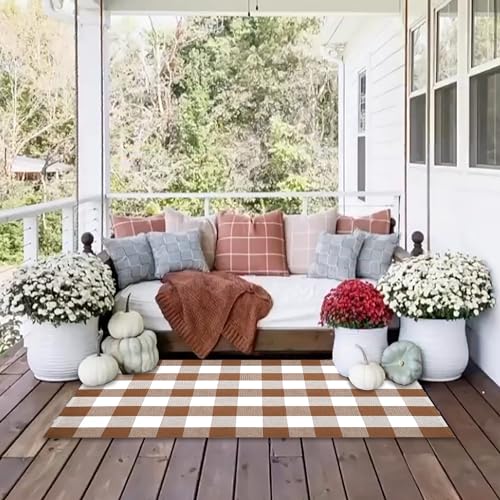 Homydecor Coffee & White Buffalo Plaid Outdoor Rug 4'x6' Farmhouse Welcome Mat