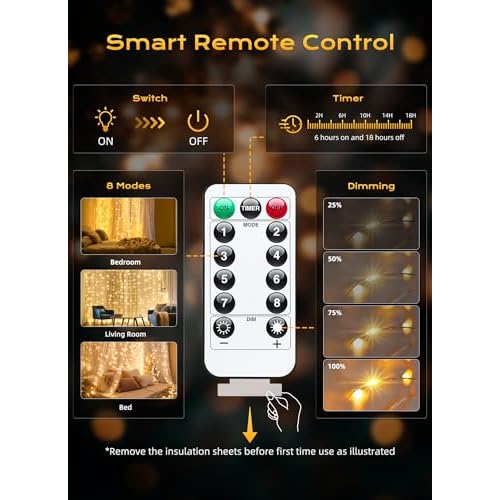 Brightown 300 LED Fairy Curtain Lights, 9.8ft x 9.8ft Warm White Curtain String Lights, USB Plug in 8 Lighting Modes Christmas Decoration, Hanging Lights with Remote for Bedroom Indoor Weddings Dorm