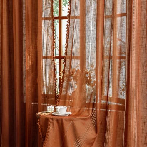 Z-Tassel Terracotta Boho Burnt Orange Curtains 50"x84" Set of 2 - Light Filtering Semi Sheer Farmhouse Style