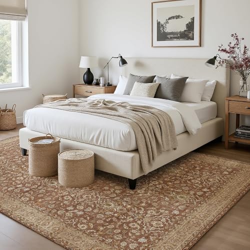 8x10 Reddish Brown Washable Area Rug for Living Room - Vintage Print, Pet-Friendly, Non-Slip