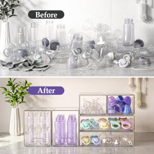 Yasali 6-Pack Stackable Baby Bottle Organizer Storage Drawer - Clear, Space-Saving
