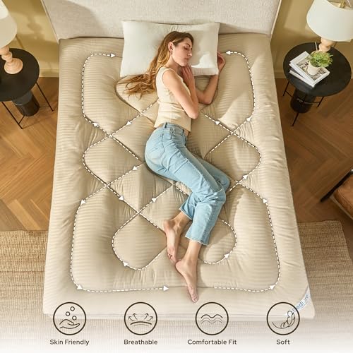 Beige King Mattress Topper - Thick Pillow Top Bed Cover, Soft Cooling Mattress Pad