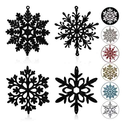 Glitter Snowflake Ornaments, Black Snowflakes Halloween Christmas 40pcs Hanging Decorations for Xmas,Holiday and Party