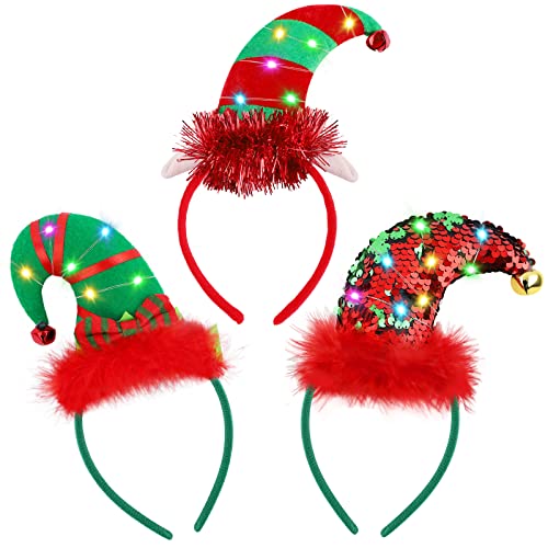 Aneco Christmas Headbands with LED Lights - Reindeer, Santa & Elf Styles, 3 Pack