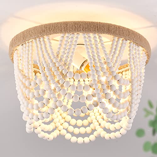 Capslpad White Beaded Flush Mount Ceiling Light Antique Rustic Mini Chandelier 3-Light