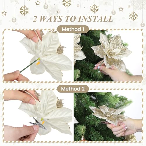 24PCS Champagne Gold Artificial Poinsettia Christmas Flowers for Holiday Decor