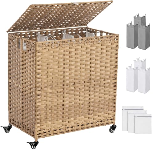Natural Laundry Hamper with Wheels & Lid, 50.2 Gallons, 3-Section Rattan Basket