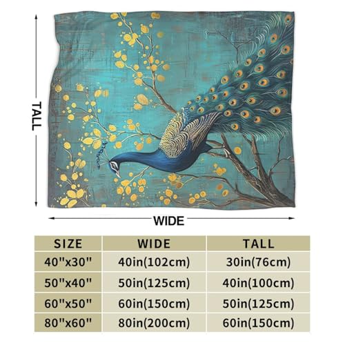 Peacock Throw Blanket - Teal Peacock Stuff Decor Merch Cozy Flannel Soft Warm Plush Lightweight Bedding - Gifts for Boys, Men, Sofa & Couch - 50"X40"