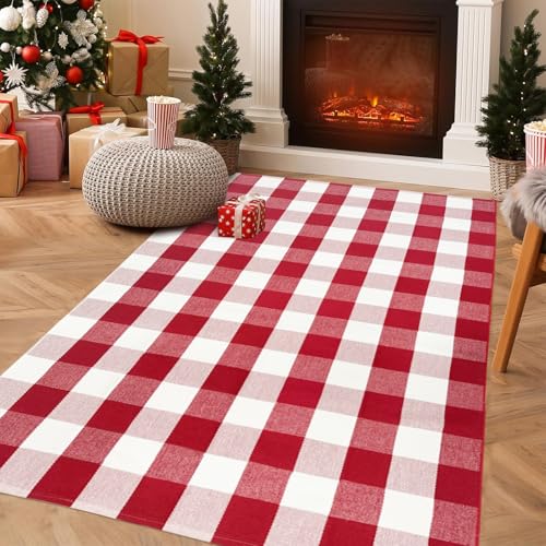 USTIDE Red & White Buffalo Plaid Outdoor Rug 4' x 6' Washable Cotton Entryway Mat