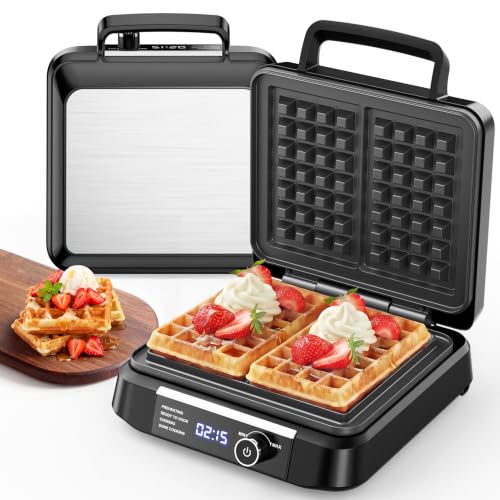 Silver Waffle Maker with 8 Browning Levels & Digital Timer - Smart LED Display