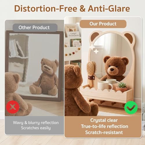 Montessori Toddler Wall Mirror with Hooks & Shelf - Child Safe Nursery Mirror