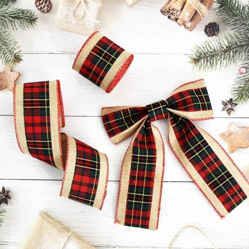 TONIFUL 2 Rolls-2.5 Inch Green and Red Plaid Check Burlap Ribbon, Burlap Wired Ribbon for Crafts Ornament Wrapping, Bows Making, Room and Party Decoration (6yds/roll)