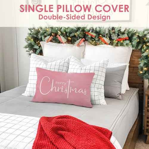 Pink Christmas Throw Pillow Cover 12x20, Merry Christmas Decorative, Xmas Winter Christmas Indoor Outdoor Decorative Throw Pillow Case for Home Bed Living Room Couch Decor