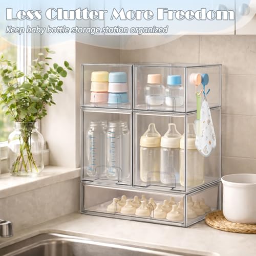 Baby Bottle Organizer with Hooks - 5 Pack Stackable Drawer Storage Set - High, Small & Wide Bins