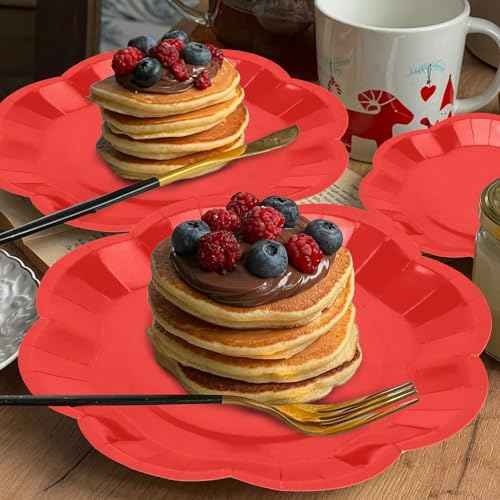 50 Pcs Red Paper Plates 25 ¡¿ 7'' and 25 ¡¿ 9'' Disposable Scalloped Red Dinner Plates Cute Party Plate for Birthday, Christmas, Picnic