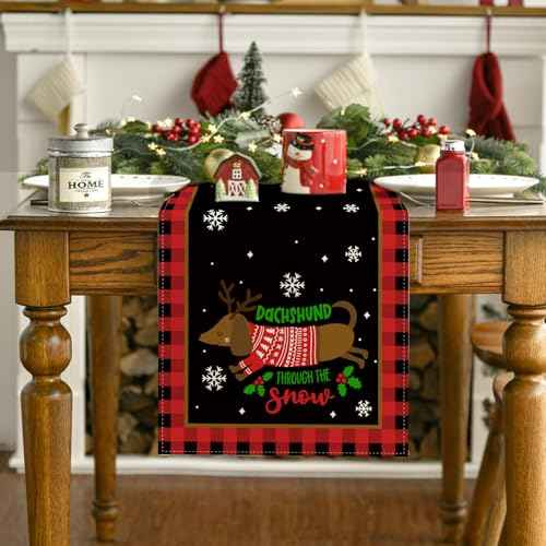 Dachshund Christmas Table Runner Christmas Dog Table Cover Buffalo Plaid Christmas Decor Dachshund New Year Xmas Decor Christmas Decorations for Home Party