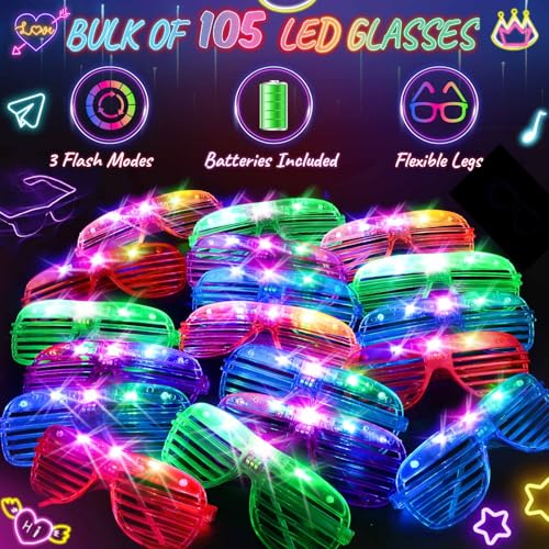 105 Pack Neon LED Light Up Glasses for Parties and Events - Glow in Dark Party Supplies