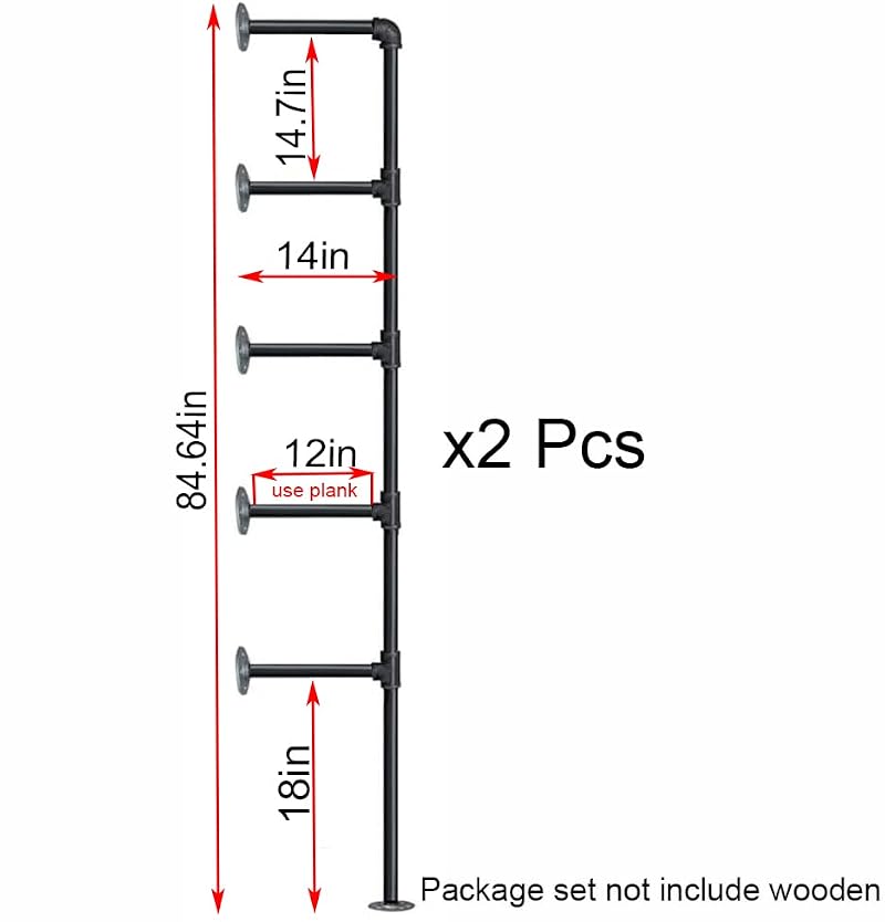 Industrial Pipe Wall Shelf Set - 14-Inch Deep DIY Open Bookshelf, Hanging & Standing Options, 2-Piece