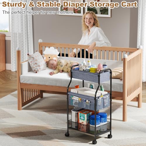 Gray 3-Tier Baby Diaper Caddy Organizer with Rollers & Dividers - Large Nursery Storage
