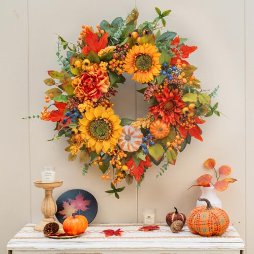 24 Inch Fall Wreath for Front Door with Sunflowers & Maple Leaves