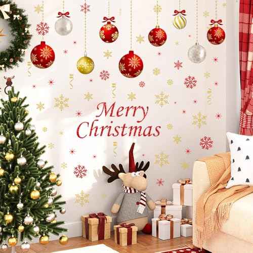 IMISHM Christmas Wall Decals - 6 Sheets Removable Decorations, Stickers for Wall, Window, Refrigerator Door - Balls and Ornaments