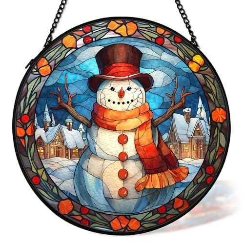 CVJUTF Snowman Suncatcher - 7.9in Stained Glass Window Hanging Decor (Snowman Variant)