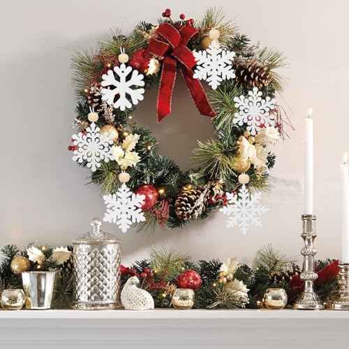 24PCS Wooden Snowflake Ornaments, White Hollowed Snowflake Christmas Tree Hanging Ornaments Rustic Crafts with Rope for Xmas Tree Decor