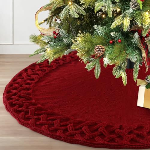 TOCHGREEN Red Knitted Christmas Tree Skirt 36 Inches Chunky Cable Knit Rustic Holiday Decor