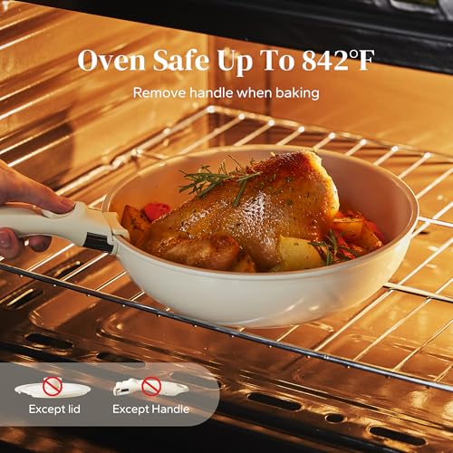 Redchef 16pcs Beige Ceramic Pots and Pans Set with Detachable Handles – Space-Saving Nonstick Cookware