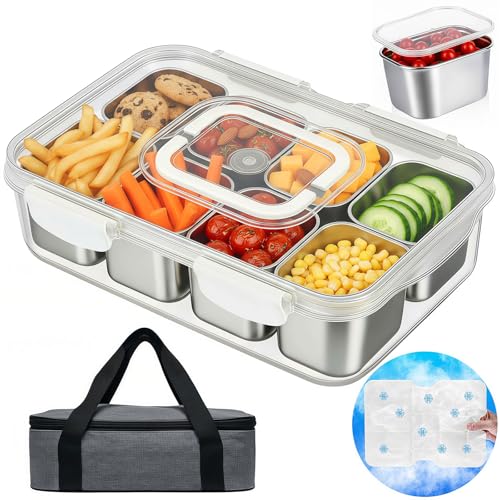 ANYPROLUS Silver Insulated Snackle Box with Ice Pack, 8 Compartments, Portable Food Storage