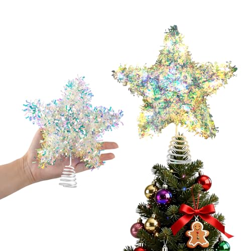 Iridescent Christmas Tree Topper Star - 6 Inch Shiny Holiday Decor with Timer & Warm Lights